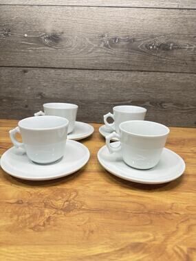 Vintage Apilco France Classic Whiteware Cup & Saucer White Porcelain~Set Of 4